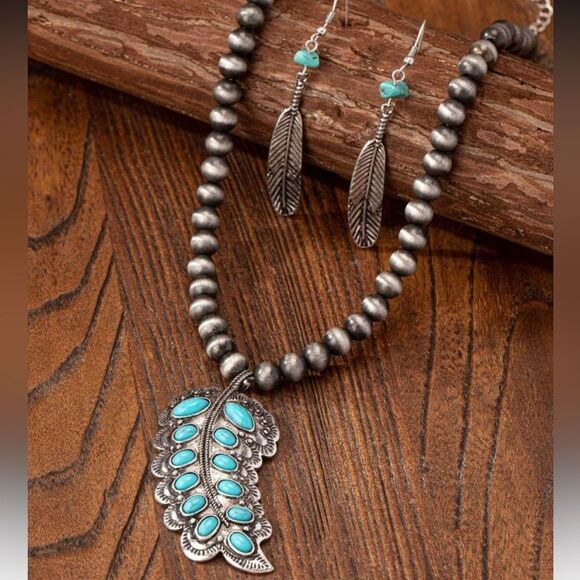 3 Pcs Fake Blue Turquoise Stone feather Pendant Necklace Earring Jewelry Set - Picture 2 of 8